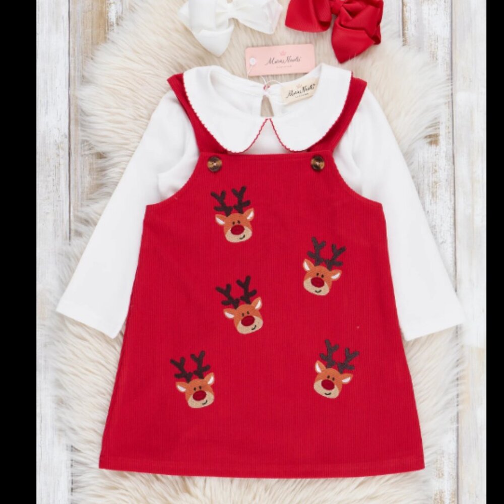 RED CORDUROY 2 PC. DEER PRINT CHRISTMAS JUMPER DRESS